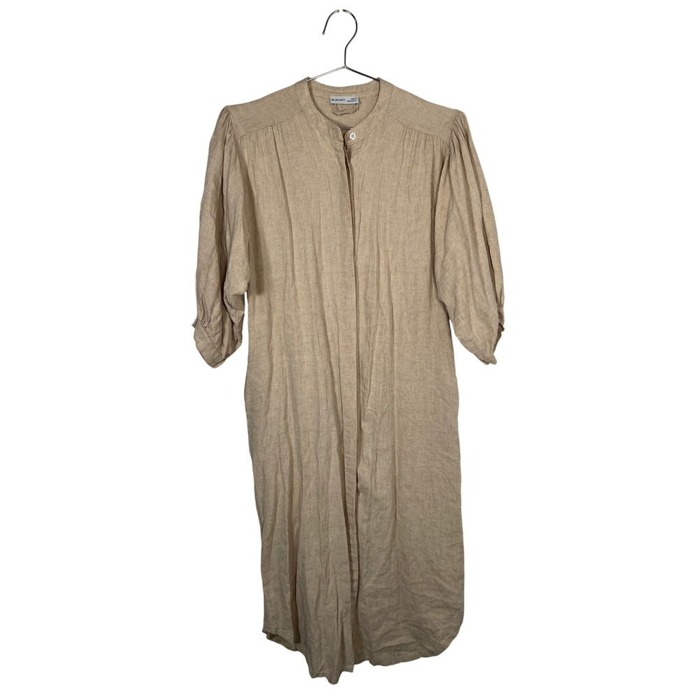 Tan Linen Blend‎ Midi Shirt Dress Italian Coastal Minimalist Medium